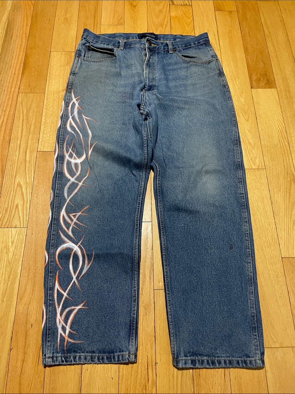 Men's Blue Straight Jeans with White and Orange Side Graphic